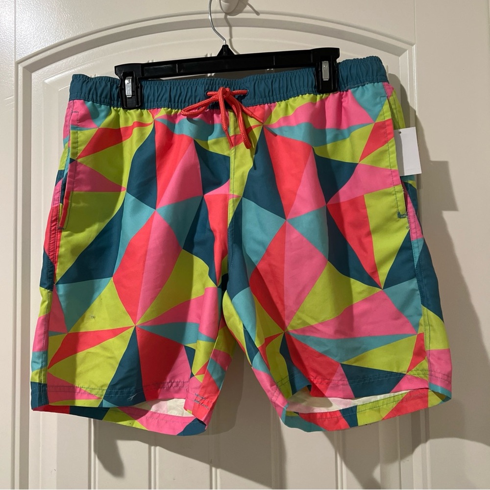Mad Engine Swim Trunks M Patterned Mesh Lined Elastic Waist Colorful Geometric M